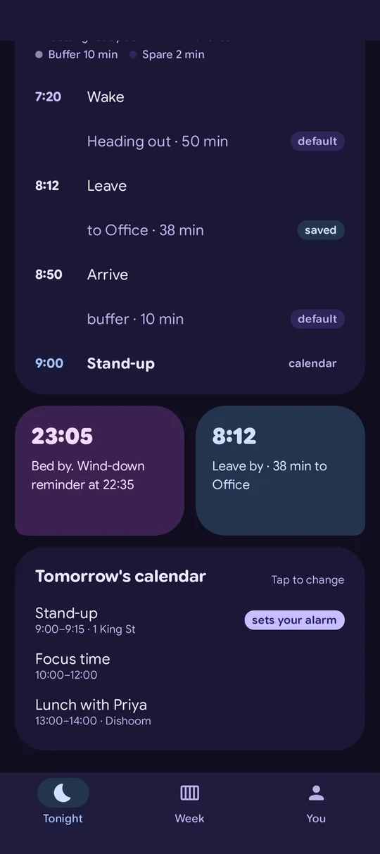 The morning plan in First Thing, from waking at 7:20 to a 9:00 stand-up