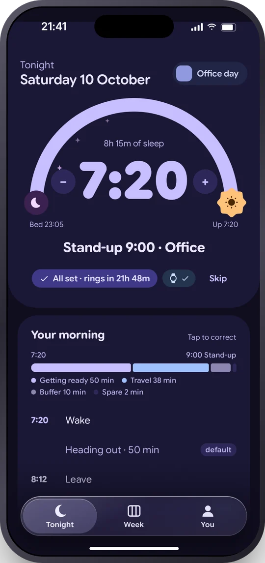 First Thing's Tonight screen on an iPhone, showing a 7:20 alarm for a 9:00 stand-up